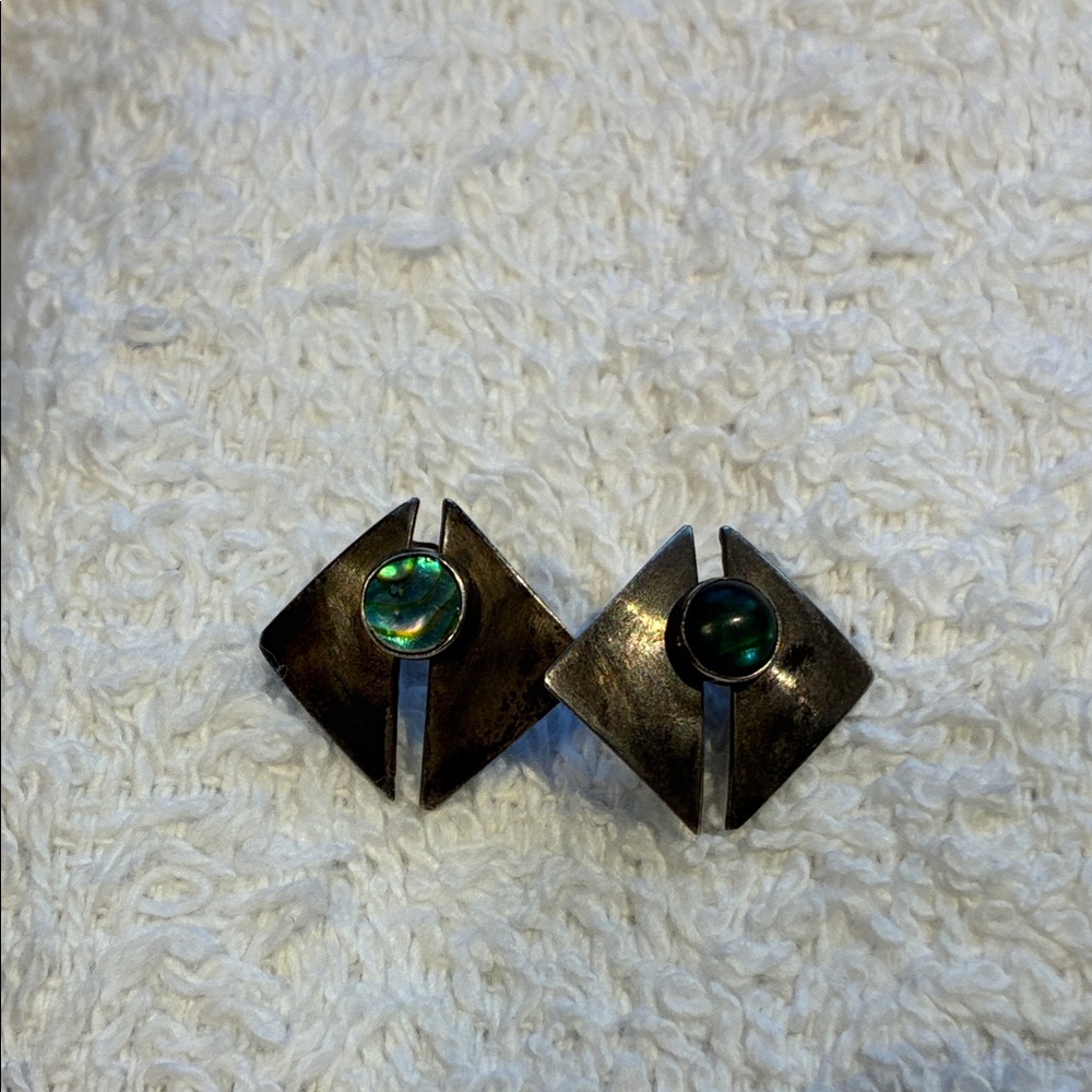 Sterling (marked) silver earrings with small circle of iridescent abalone